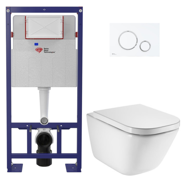 Pack WC bâti-support autoportant + WC suspendu sans bride avec abattant SoftClose + plaque blanc/chrome (STROGAWR06-U)