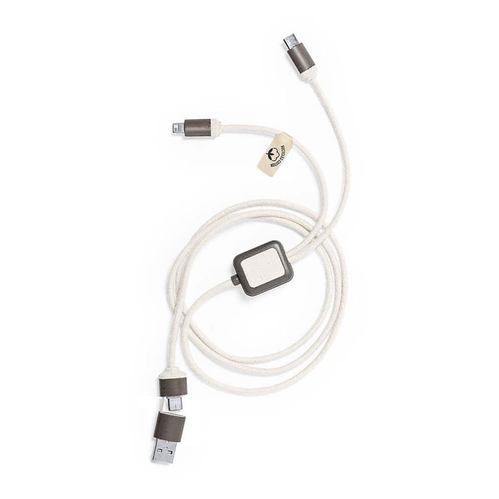 Cavo caricatore triplo in fibra/cotone marrone naturale: Micro USB, Tipo C e Lightning 5 V CC 2,4 A