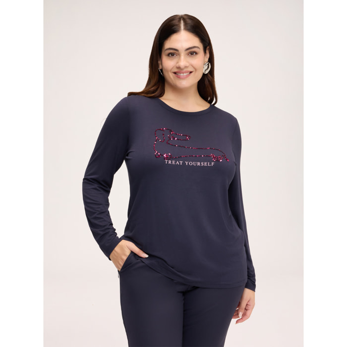 Fiorella Rubino - T-shirt con bassotto in paillettes e scritta - Blu