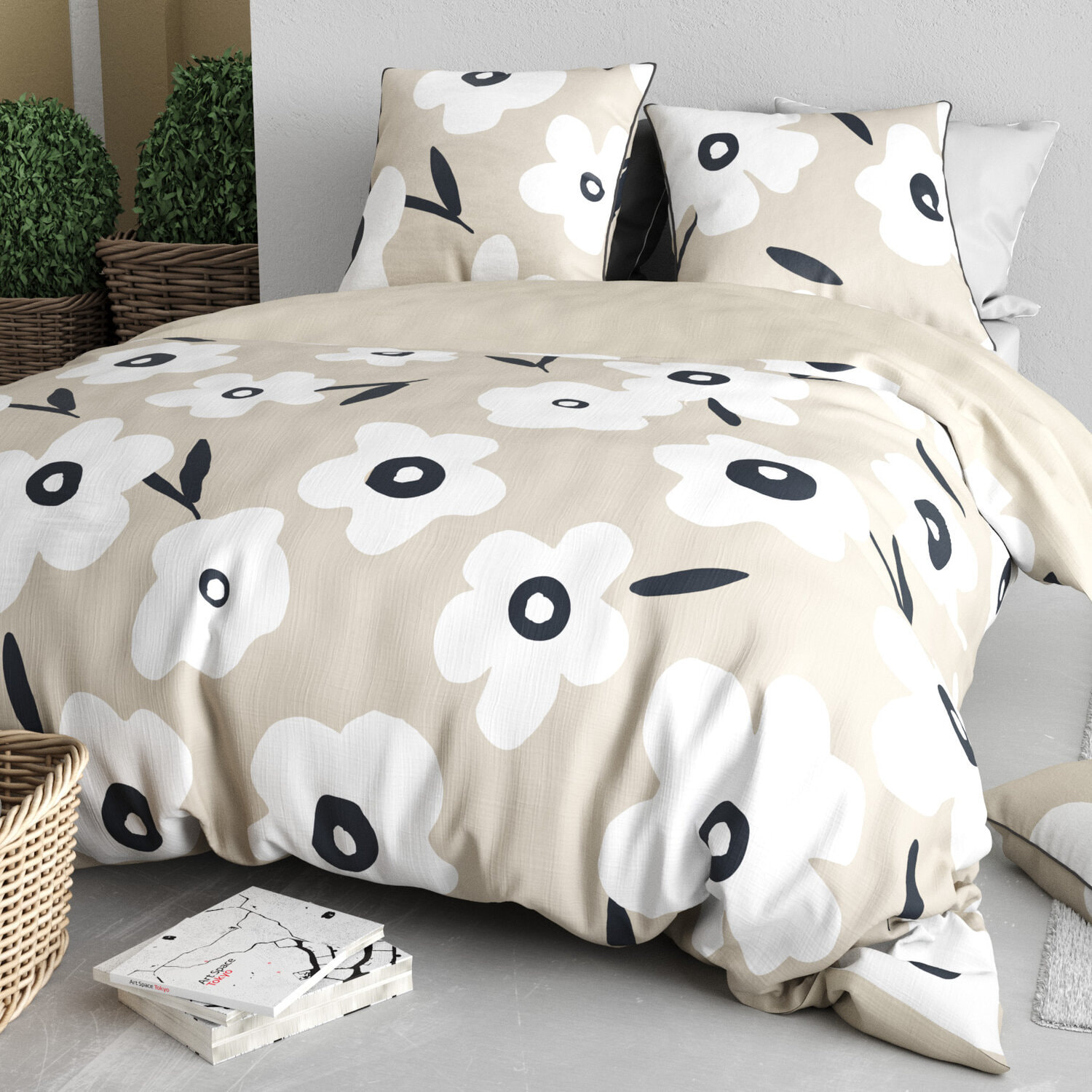 Parure housse de couette imprimé 100% coton - lena - blanc