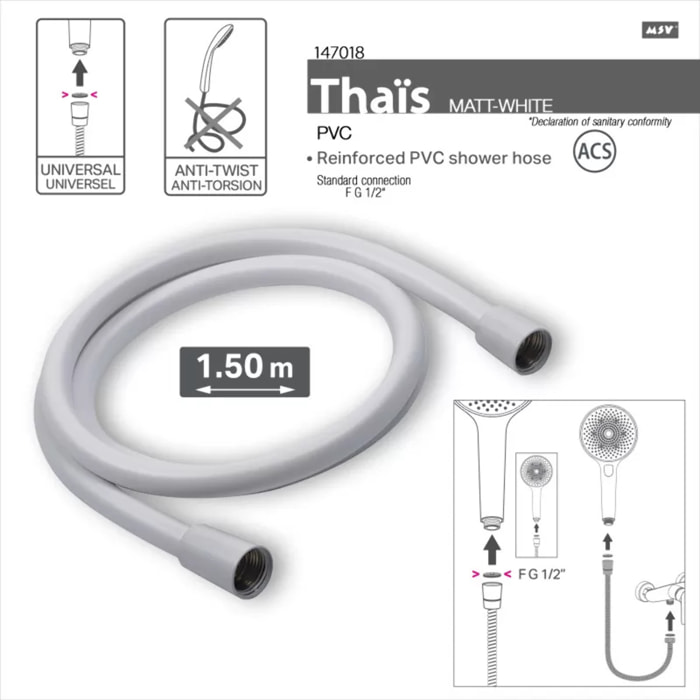 MSV Thaïs – Flexible de douche renforcé PVC 1,50 m Blanc matt