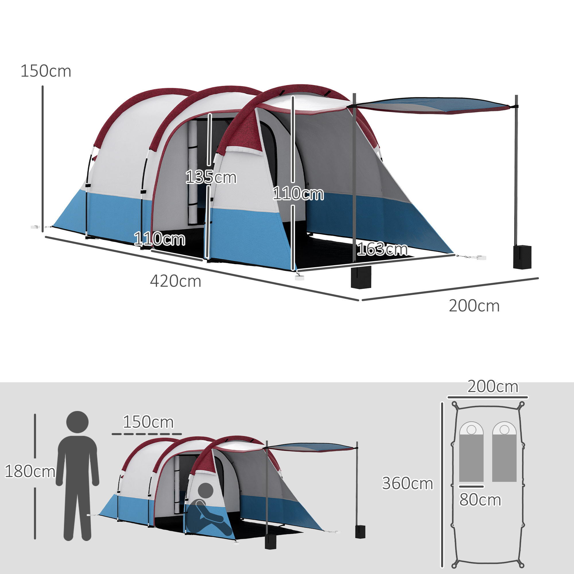 Tienda de Campaña Familiar para 2-3 Personas Tienda de Camping Plegable con 2 Habitaciones y Bolsa de Transporte Impermeable para Senderismo 420x200x150 cm Multicolor