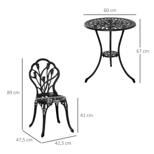 Conjunto de Mesa y Sillas de Terraza Exterior de 3 Piezas Muebles de Jardín de Aluminio con Respaldo con Patrón de Tulipán y Mesa con Orificio para Sombrilla Negro