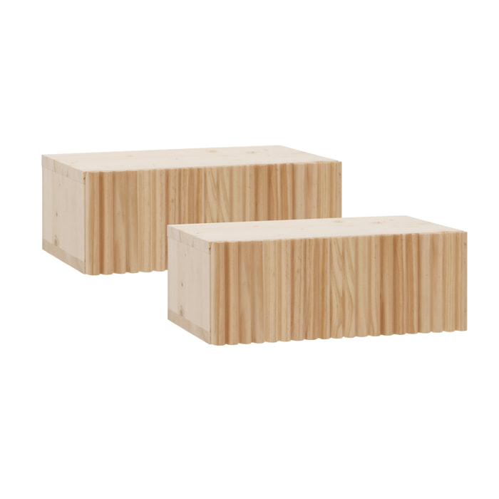 Pack de 2 mesitas de noche de madera maciza flotante en tono natural de 40cm Alto: 15 Largo: 40 Ancho: 25.5