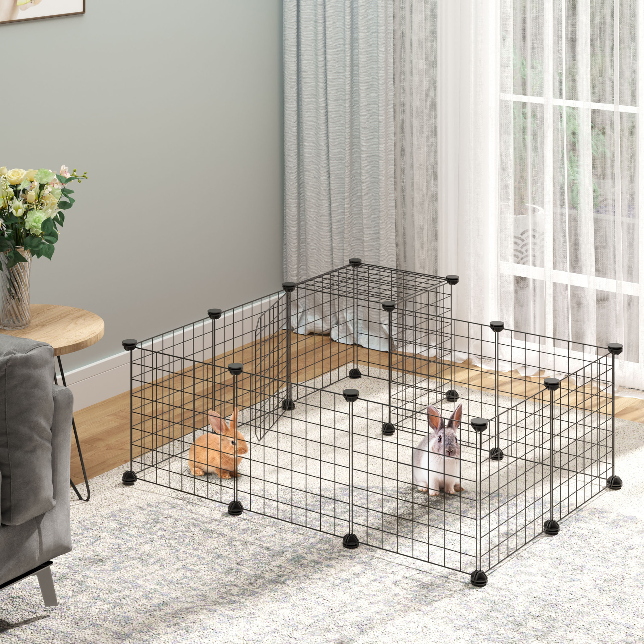 Cage parc enclos rongeurs modulable dim. L 105 x l 105 x H 70 cm 2 niveaux 2 portes rampe résine PP fil métallique noir