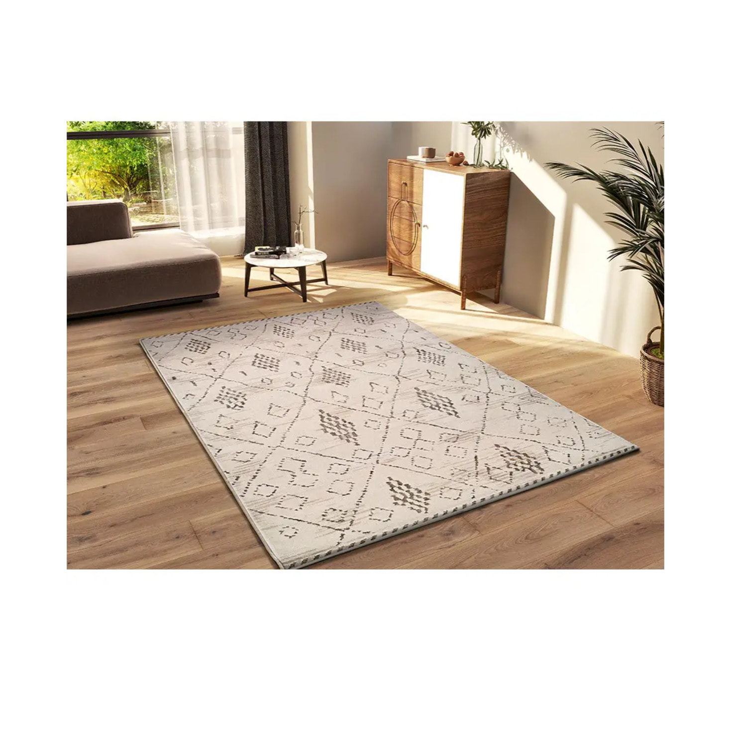 CERES Alfombra étnica de pelo corto crema, varias medidas disponibles.