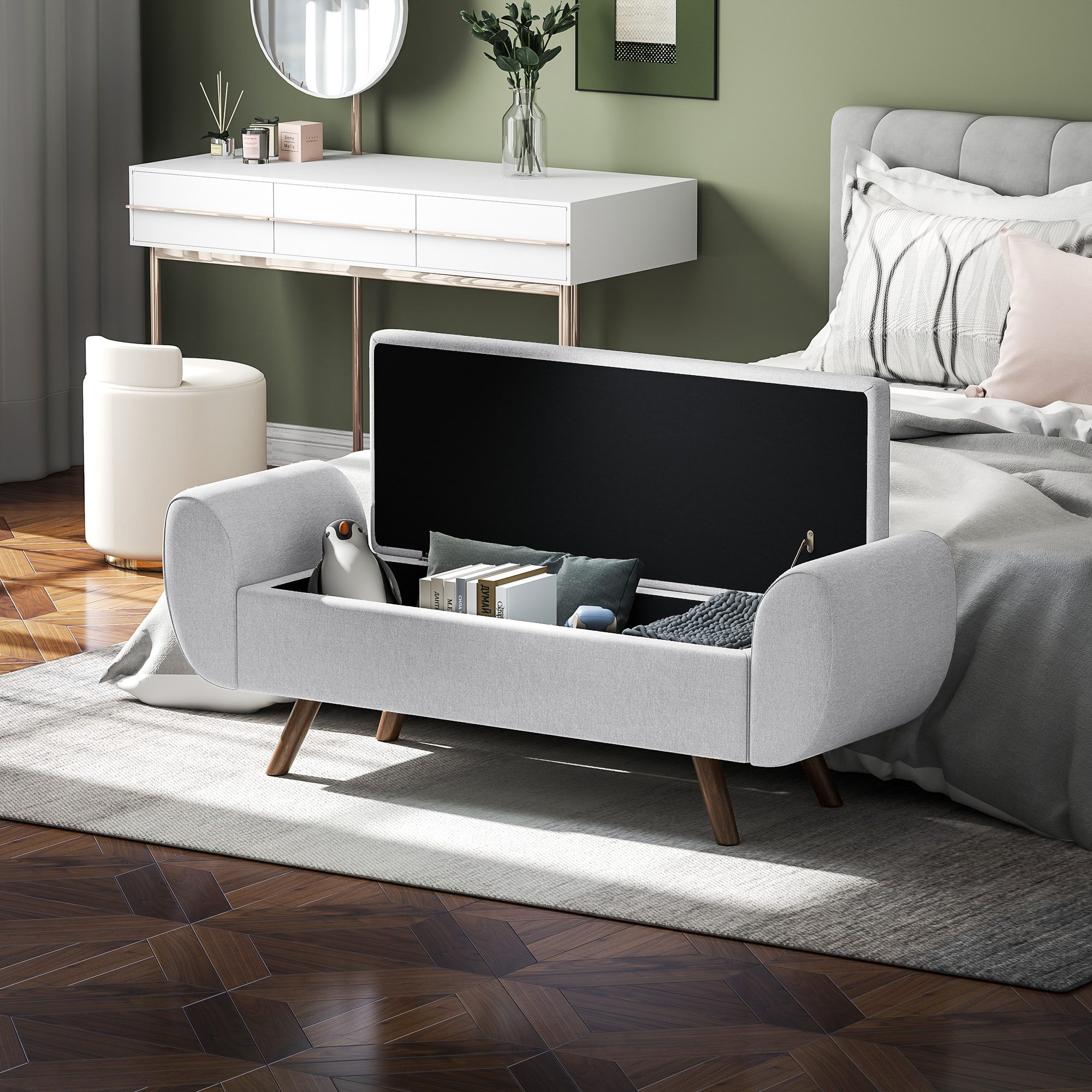 Banc coffre design - banquette avec rangement - dim. 132 x 42 x 50 cm - piètement bois tissu gris clair