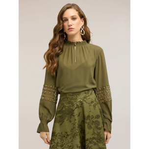 Motivi - Blusa de georgette con mangas bordadas - Verde militare