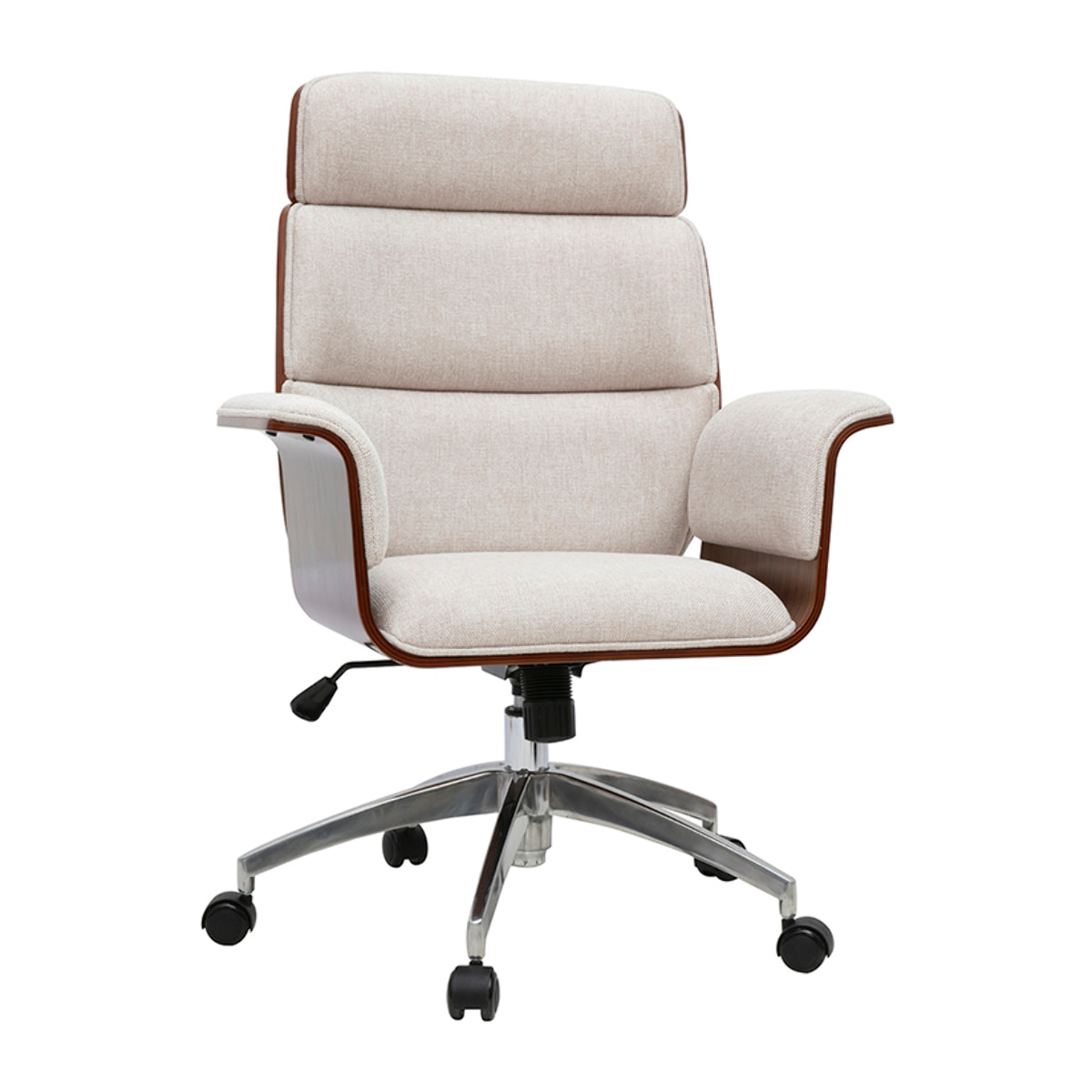 Fauteuil de bureau à roulettes design en tissu effet velours texturé beige, bois foncé et acier chromé ELON