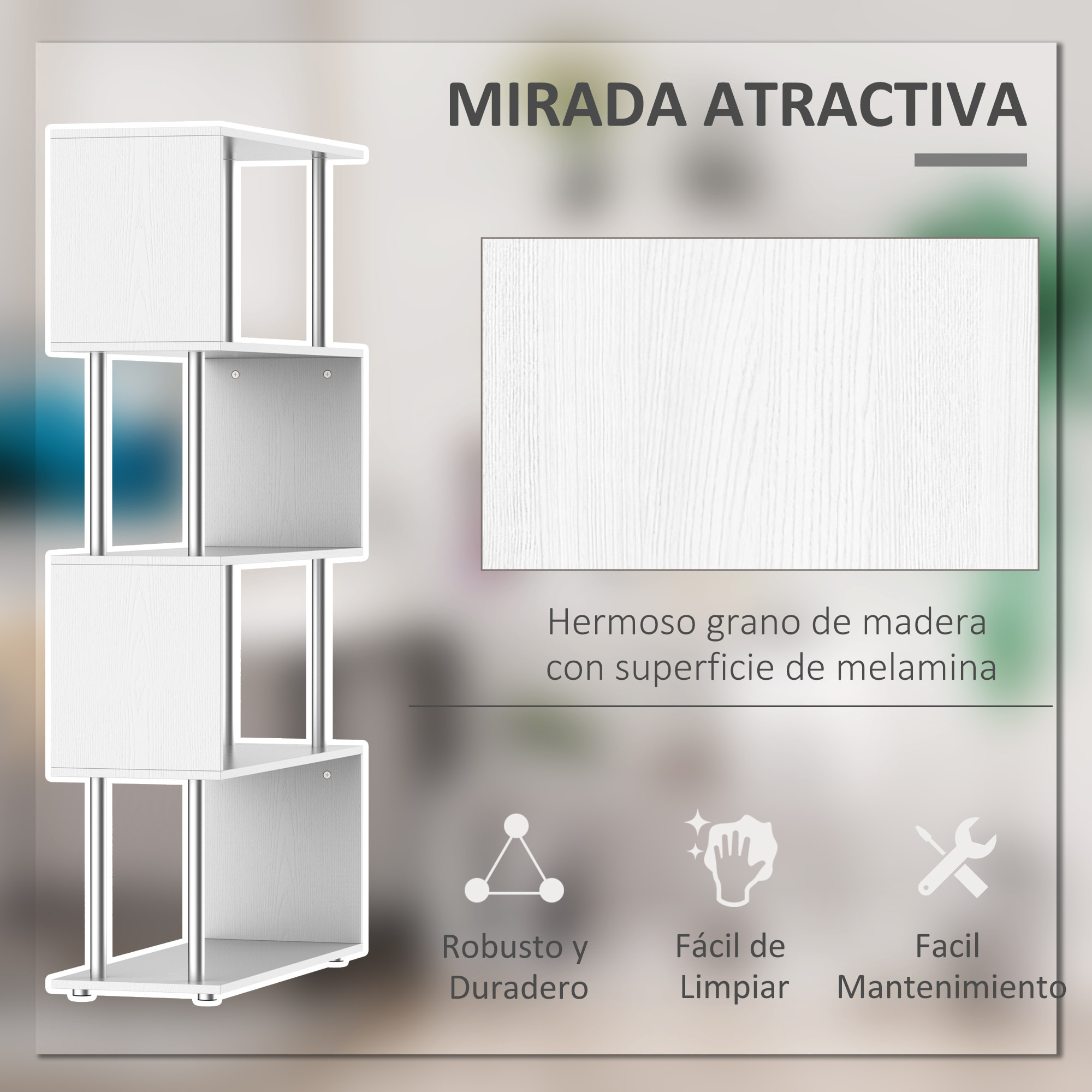 Libreria 145x80x30 cm Madera y Metal Muebles Oficina Estanteria Estante Blanco