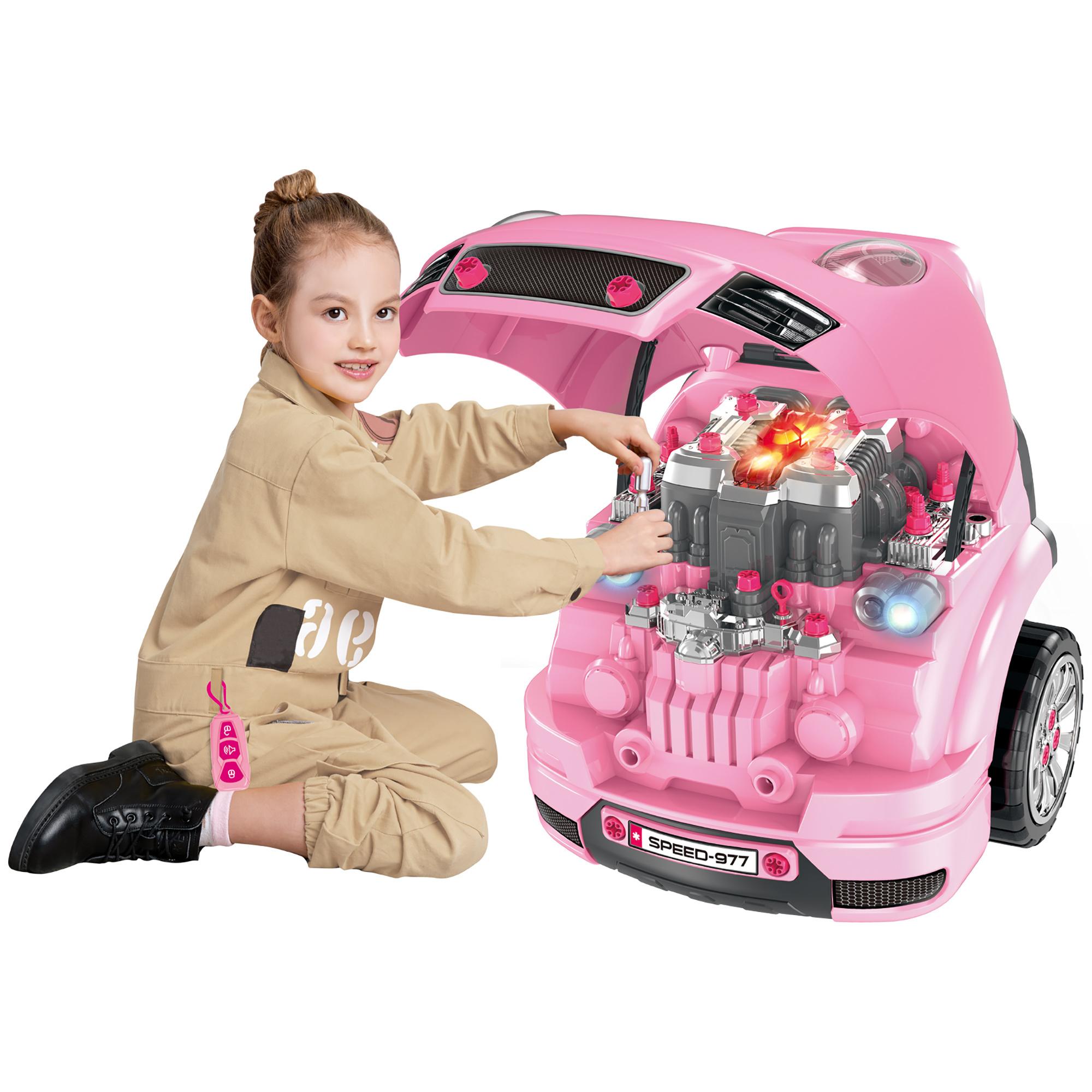 Motor de Camión para Niños de +3 Años Conjunto de Motor de Juguete con 61 Piezas Volante Bocina Faros Caja de Almacenaje y Ruedas 40x39x47 cm Rosa