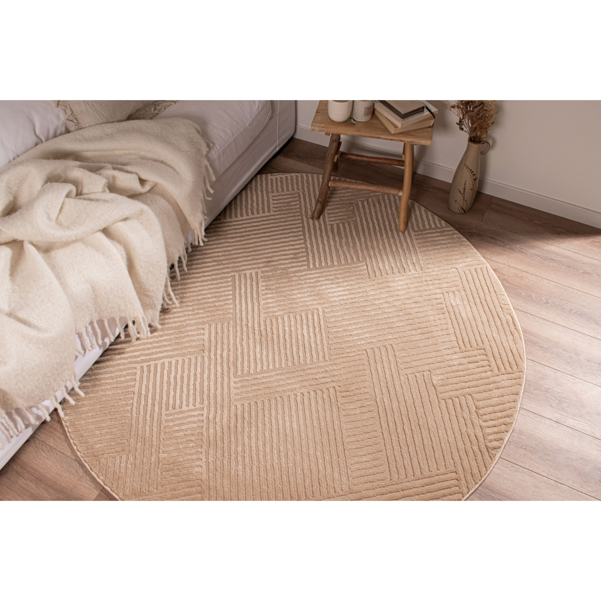 BIANCA - Tapis rond à motif graphique en relief - Beige