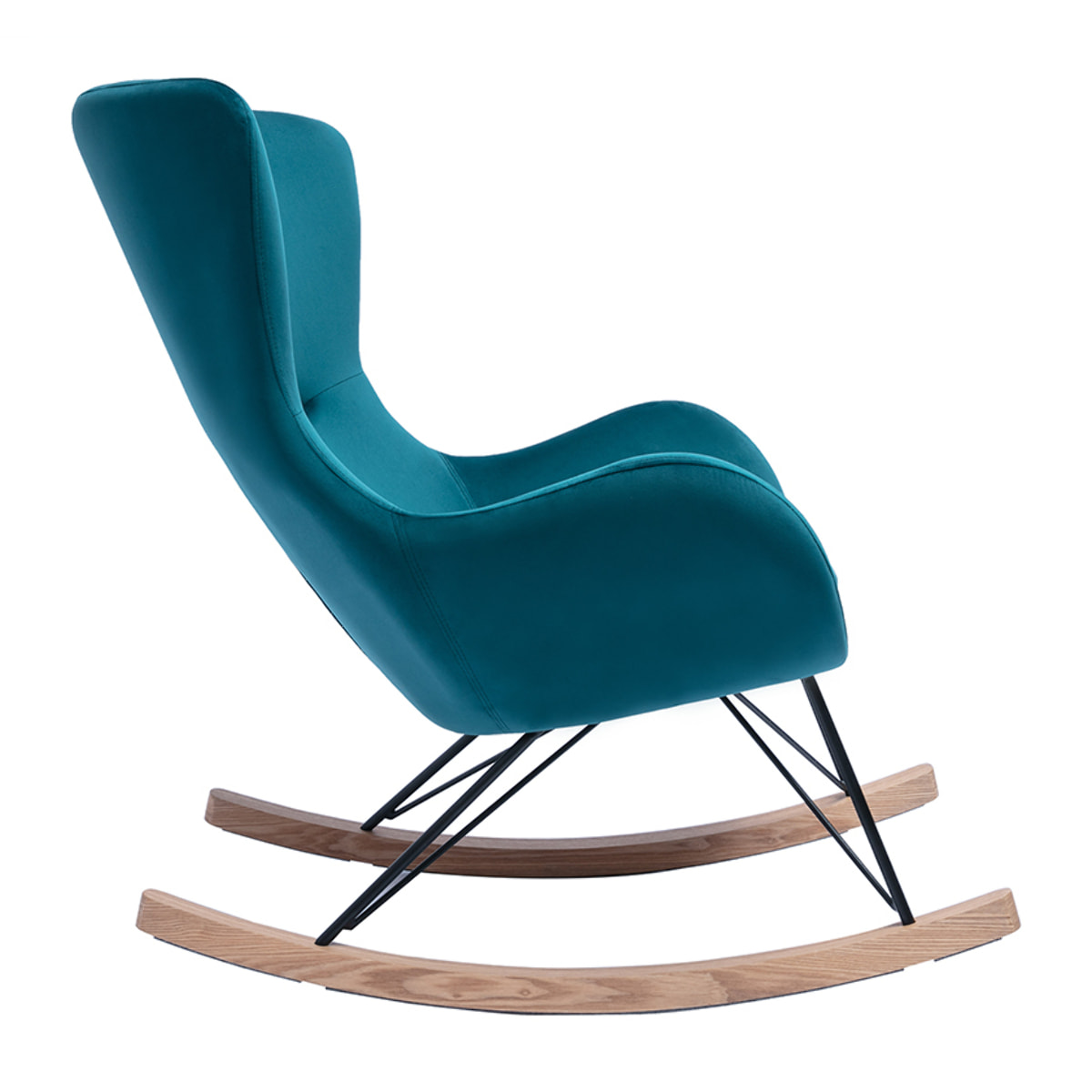 Rocking chair design en tissu velours bleu canard, métal noir et bois clair ESKUA