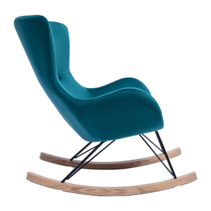 Rocking chair design en tissu velours bleu canard, métal noir et bois clair ESKUA