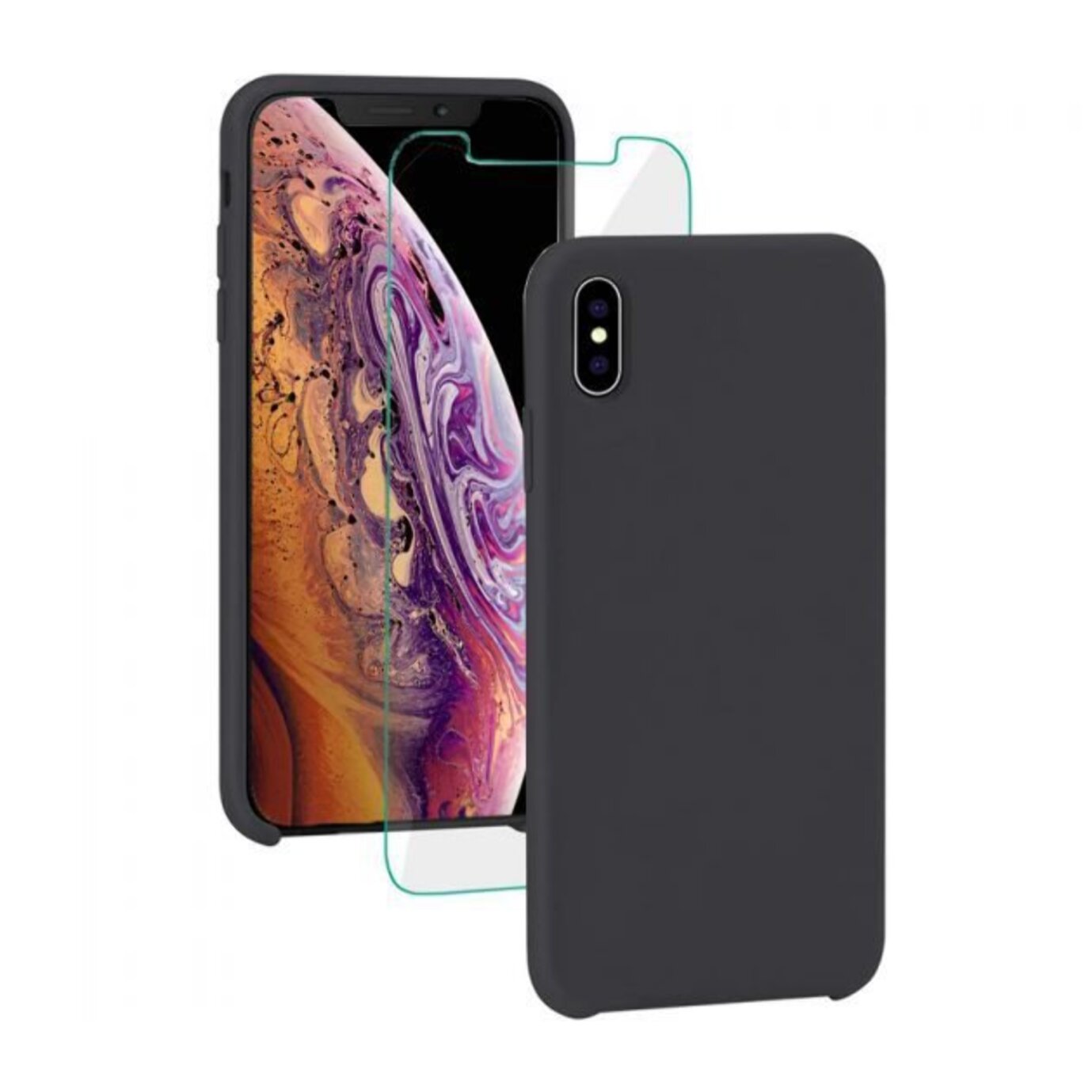 Coque iPhone X/XS Silicone Liquide noir avec vitre de protection en verre trempé