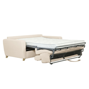Canapé convertible avec têtières ajustables 3 places en tissu beige et bois clair avec matelas 13 cm GOYA