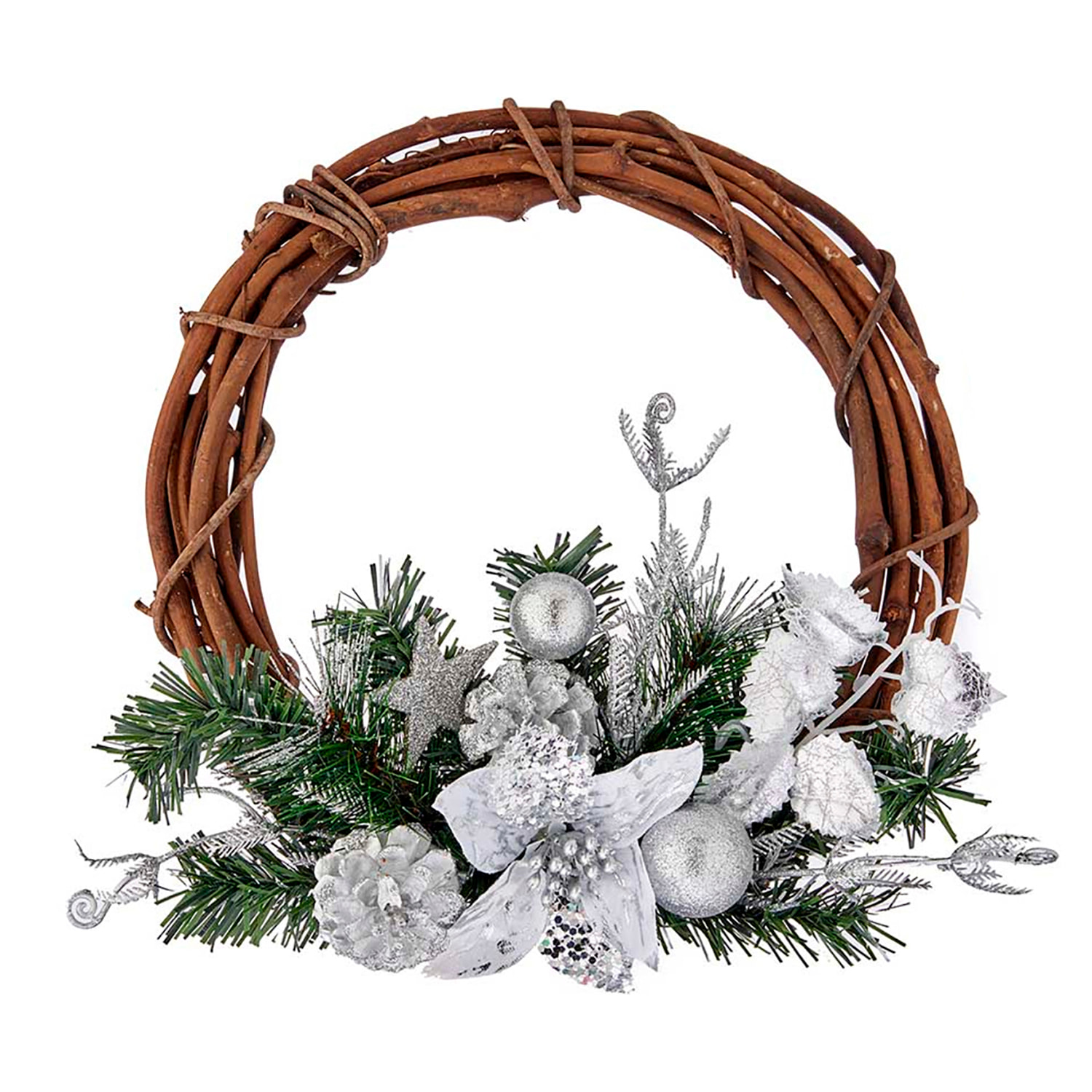 Corona decorativa di Natale con stella e palle argentate.