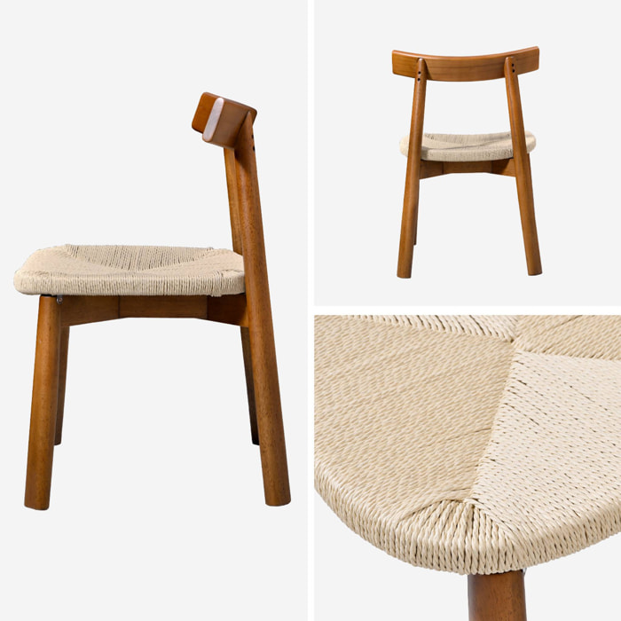 Lot de 2 chaises scandinaves en bois d'hévéa effet noyer et assise en corde beige