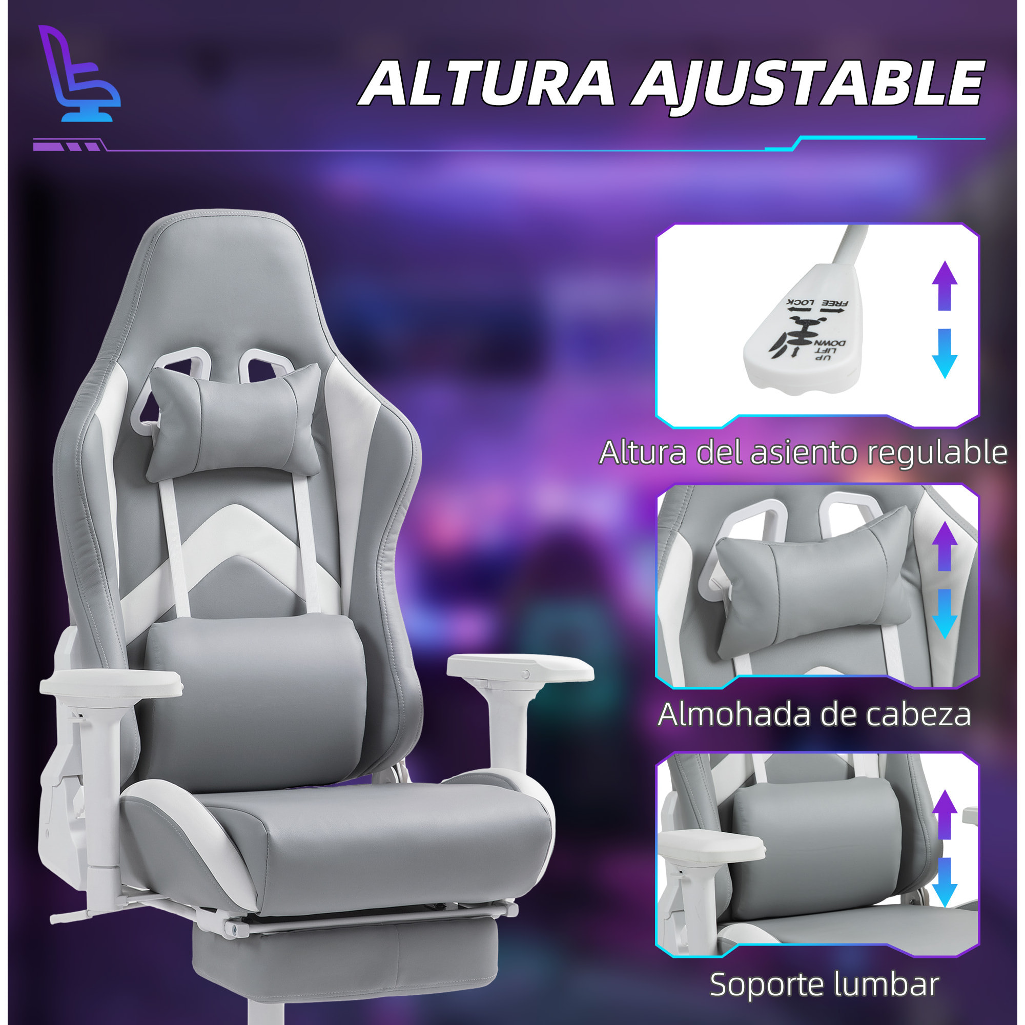 Silla Gaming Silla Gamer Reclinable con Altura Ajustable Reposapiés Retráctil Soporte Lumbar y Reposacabezas Desmontable Silla para Oficina Estudio Gris Claro y Blanco