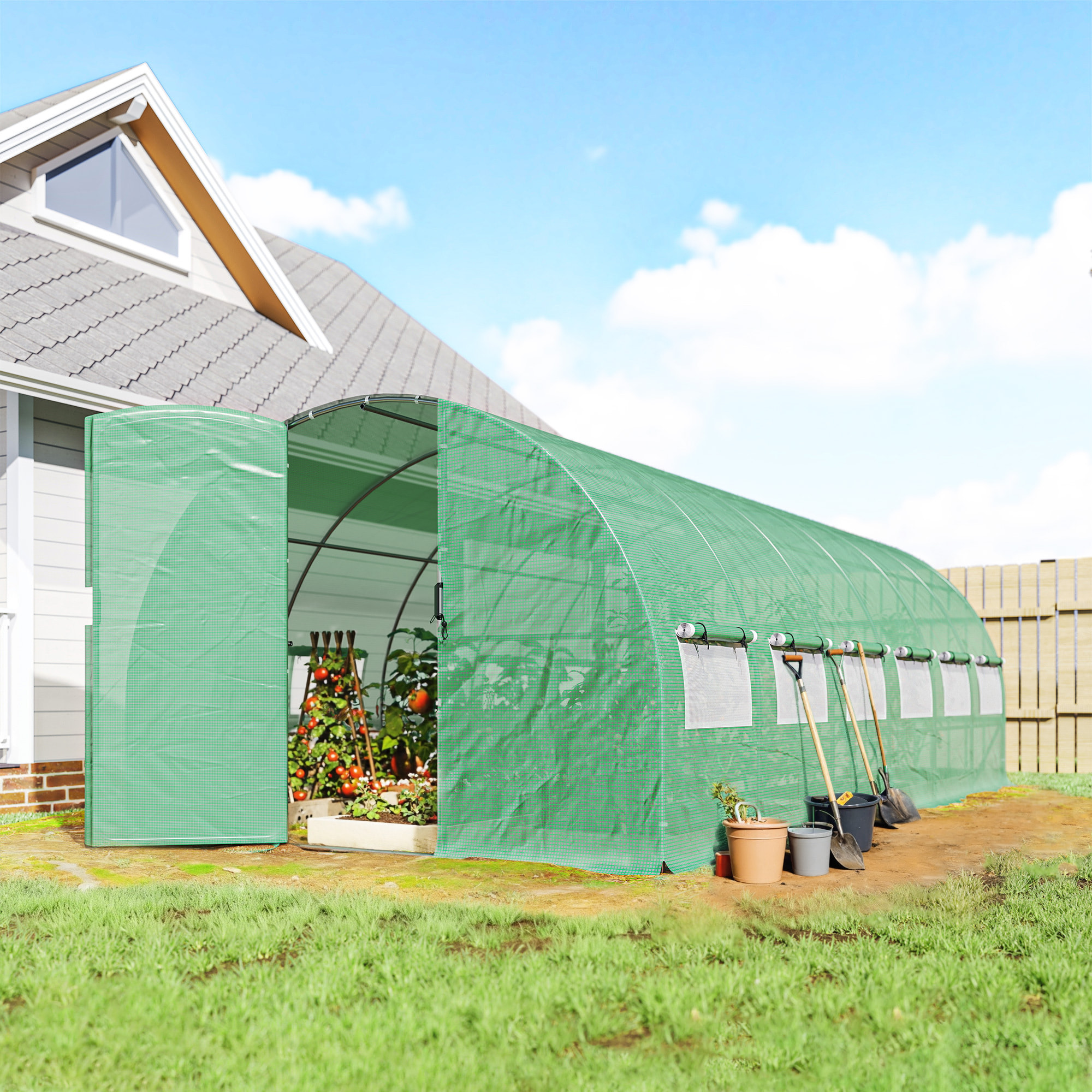 Invernadero de Exterior 6x3x2 m, Invernadero de Túnel con Puerta con Bisagras, Ventanas de Malla, Cubierta PE 140g/m² y Marco de Acero Galvanizado, Anti-UV, Impermeable, para Cultivos, Verde