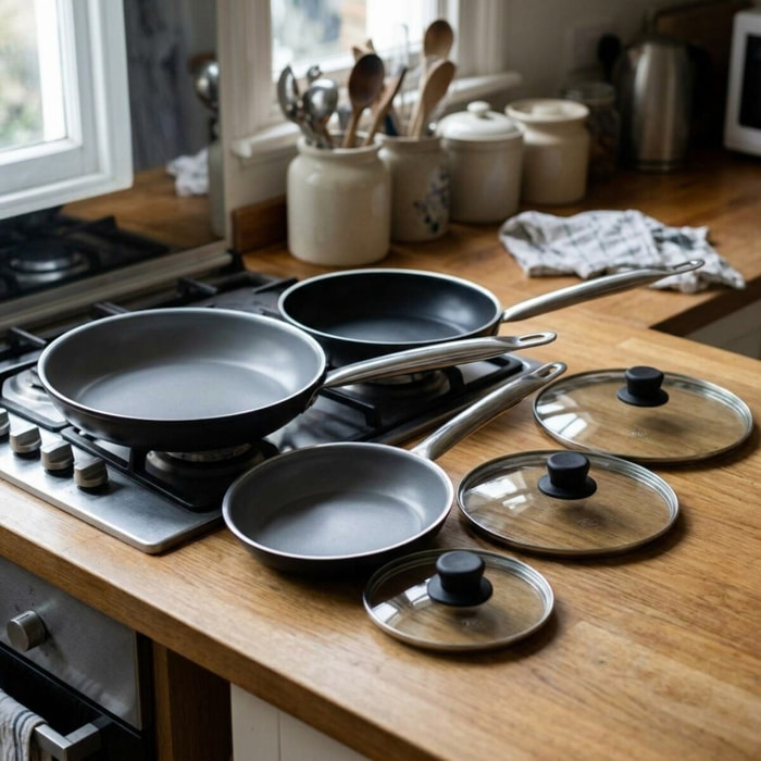 Set de 3 Poêles 24, 28 et 32 cm céramique sans PFAS et 3 couvercles Elo Bistro Line