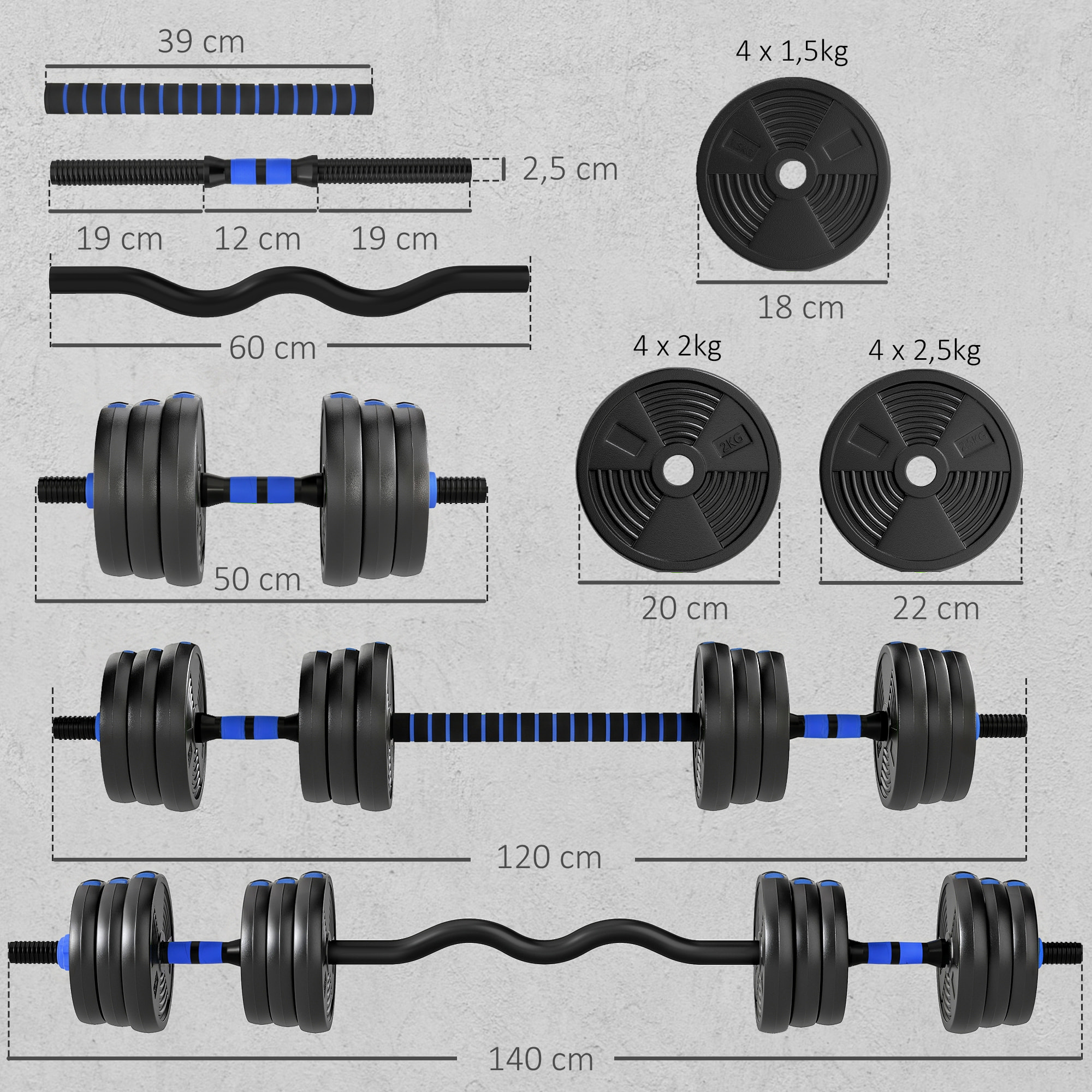 Ensemble d'haltères musculation multifonction 3 en 1 - haltères, Olympic barre, Curl EZ barre - total 25Kg - PVC bleu noir