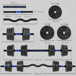 Ensemble d'haltères musculation multifonction 3 en 1 - haltères, Olympic barre, Curl EZ barre - total 25Kg - PVC bleu noir