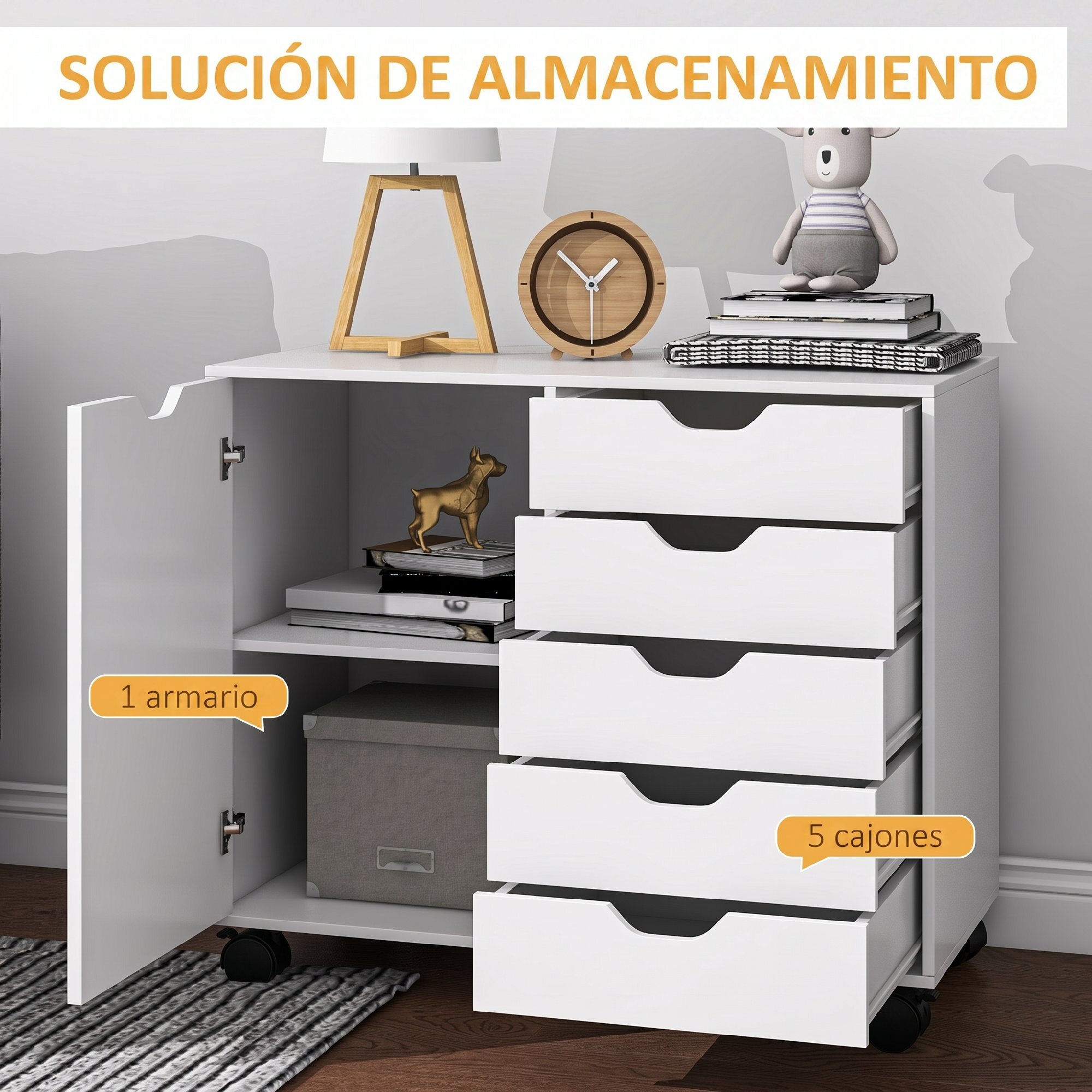 Cajonera de Escritorio con 5 Cajones, Cajonera de Oficina con Ruedas, Estante Ajustable, Soporte para Impresora para Estudio, Salón, 78x40x66,5 cm, Blanco