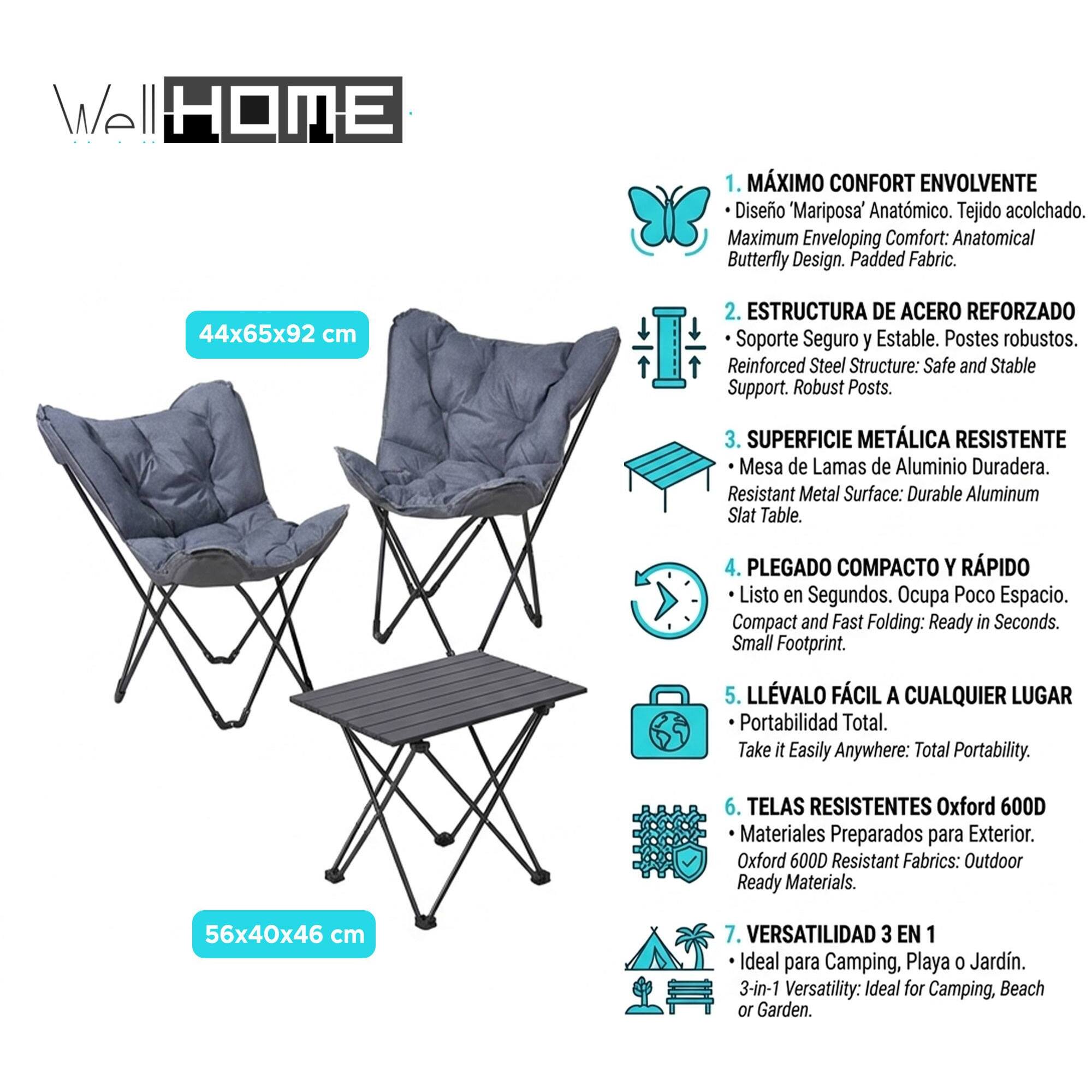 Set camping plegable 3 piezas (2 sillas mariposa + mesa metálica) color gris oscuro