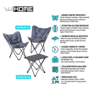 Set camping plegable 3 piezas (2 sillas mariposa + mesa metálica) color gris oscuro