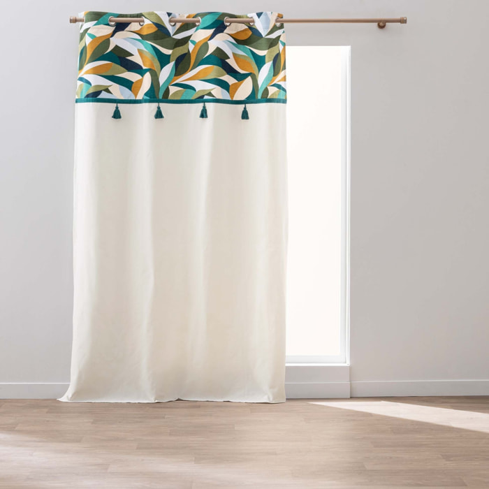 Rideau à œillets polycoton avec top feuillage graphique et pompons - Bleu