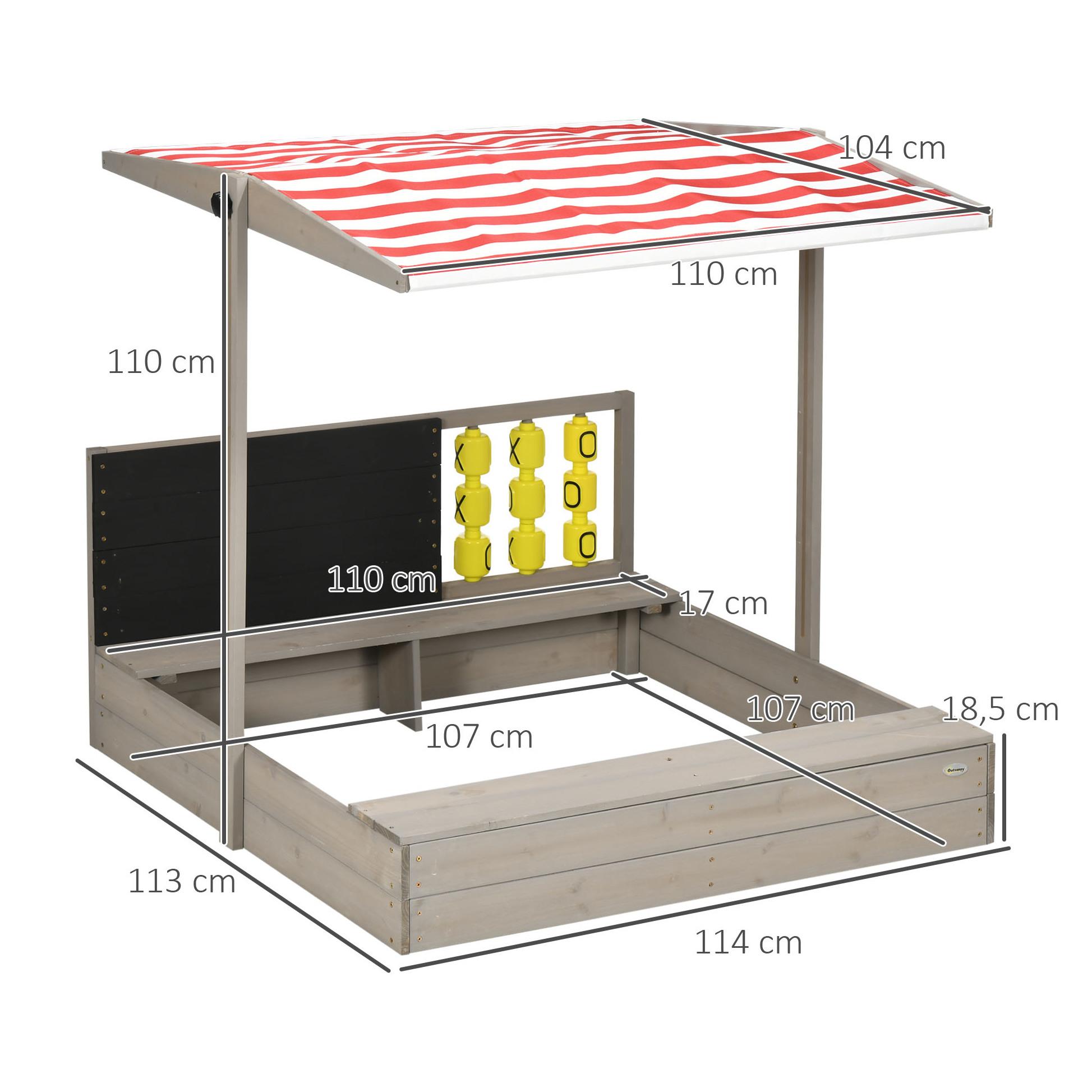 Arenero de Madera para Niños de 3-7 Años Arenero Infantil con Techo Ajustable de Tela no Tejida Banco de 2 Asientos Pizarra y Juguetes para Patio Jardín 114x113x110 cm Gris