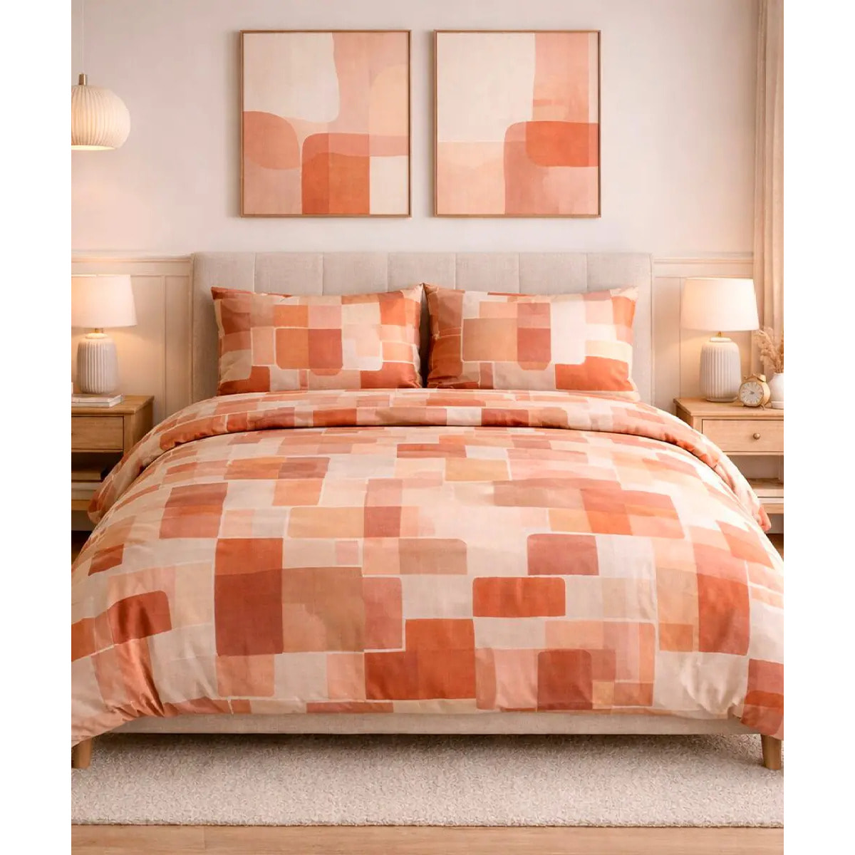 Parure Copripiumino Brick Arancio per letto singolo in 100% Cotone e Made in Italy, cubi geometrico