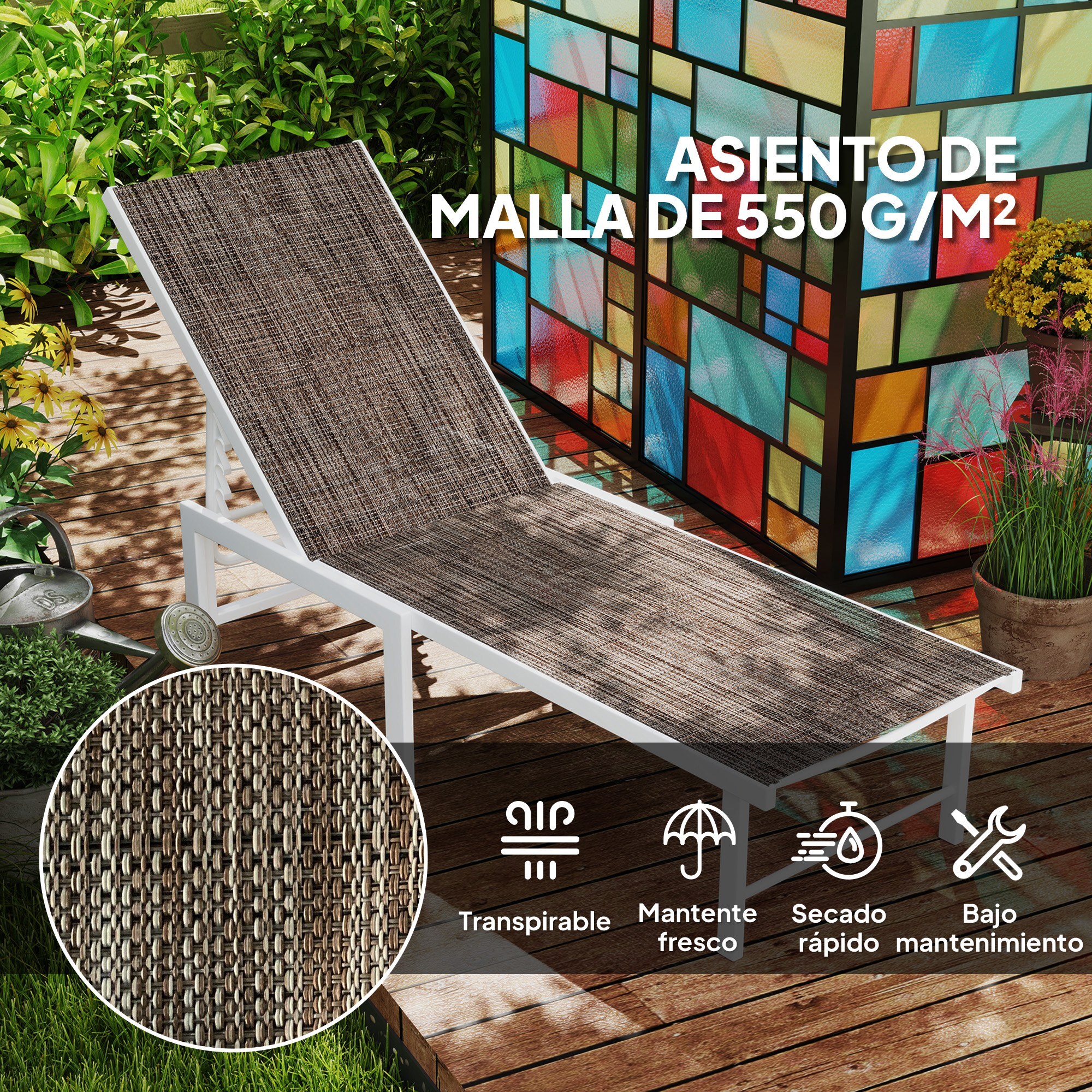 Tumbona Reclinable Tumbona Jardín Exterior con Ruedas Respaldo Ajustable en 5 Niveles y Estructura de Acero Carga 120 kg para Patio Terraza Balcón 166x60x84 cm Marrón