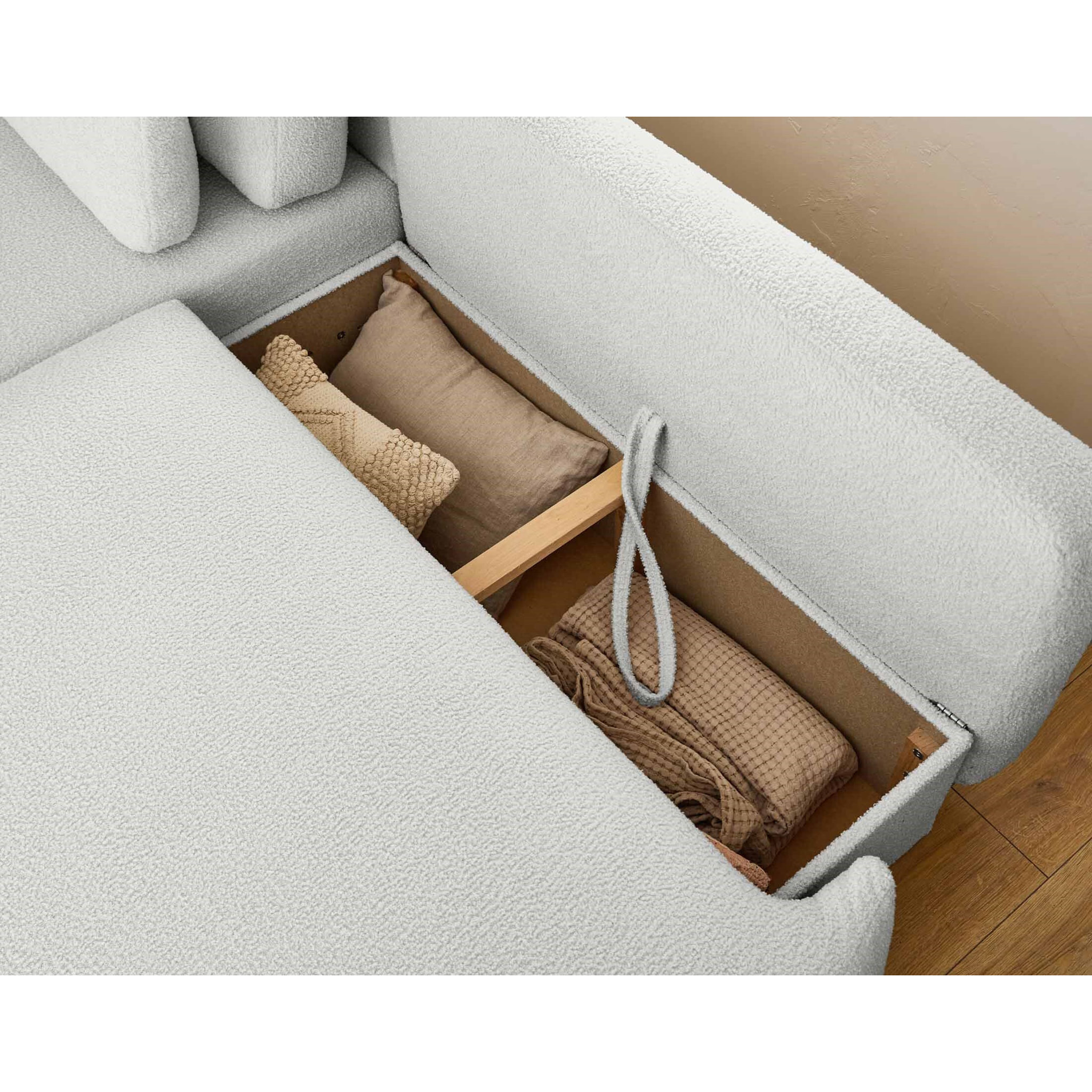 Mahina - canapé d'angle gauche - 4 places - convertible avec coffre - en tissu bouclette - Gris clair