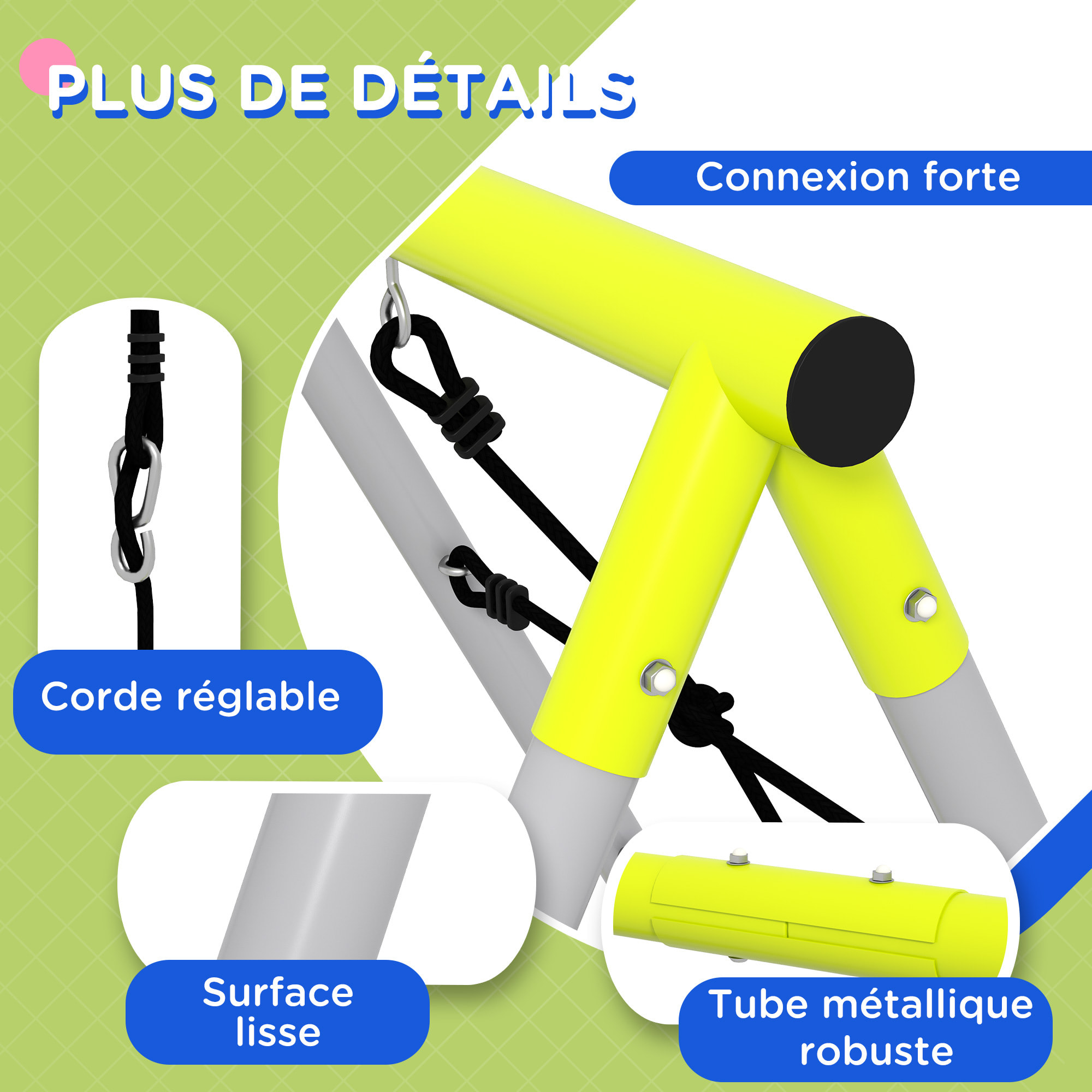 Balançoire portique 4 agrès - 2 balançoires, 2 échelles - dim. 2,6L x 1,85l x 1,8H m - métal époxy PE gris vert