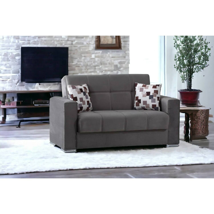 Divano letto Manuel, Divano letto contenitore a 2 posti lineare, Sofà da soggiorno in tessuto imbottito con apertura click-clack, 160x85h91 cm, Grigio