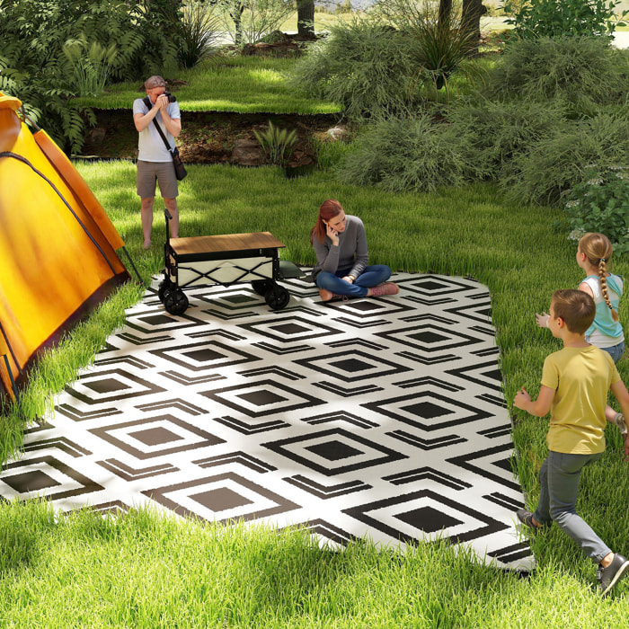 Alfombra de Exterior 182x274 cm Alfombra Reversible con Patrón Geométrico Impermeable Bolsa de Transporte para Terraza Balcón Patio Camping Playa Blanco y Negro