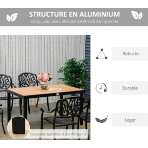 Table de jardin 6 personnes dim. 140 x 90 x 74 cm aluminium noir plastique effet bois naturel