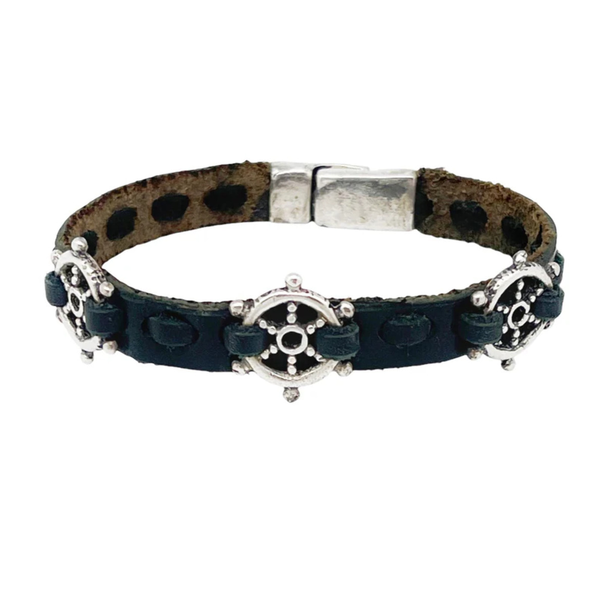 Pulsera Timón3 cuero negro y plata chapado