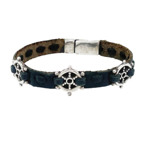 Pulsera Timón3 cuero negro y plata chapado