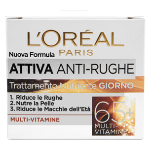 Crema Viso Anti-Rughe Trattamento Nutriente Giorno Attiva 65+ con Multi-Vitamine - Barattolo da 50ml