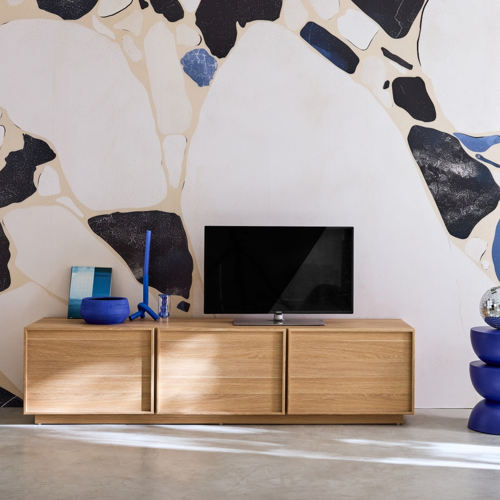 Meuble TV décor bois 3 portes naturel 180cm L 180 x P 43 x H 45cm - Kuba