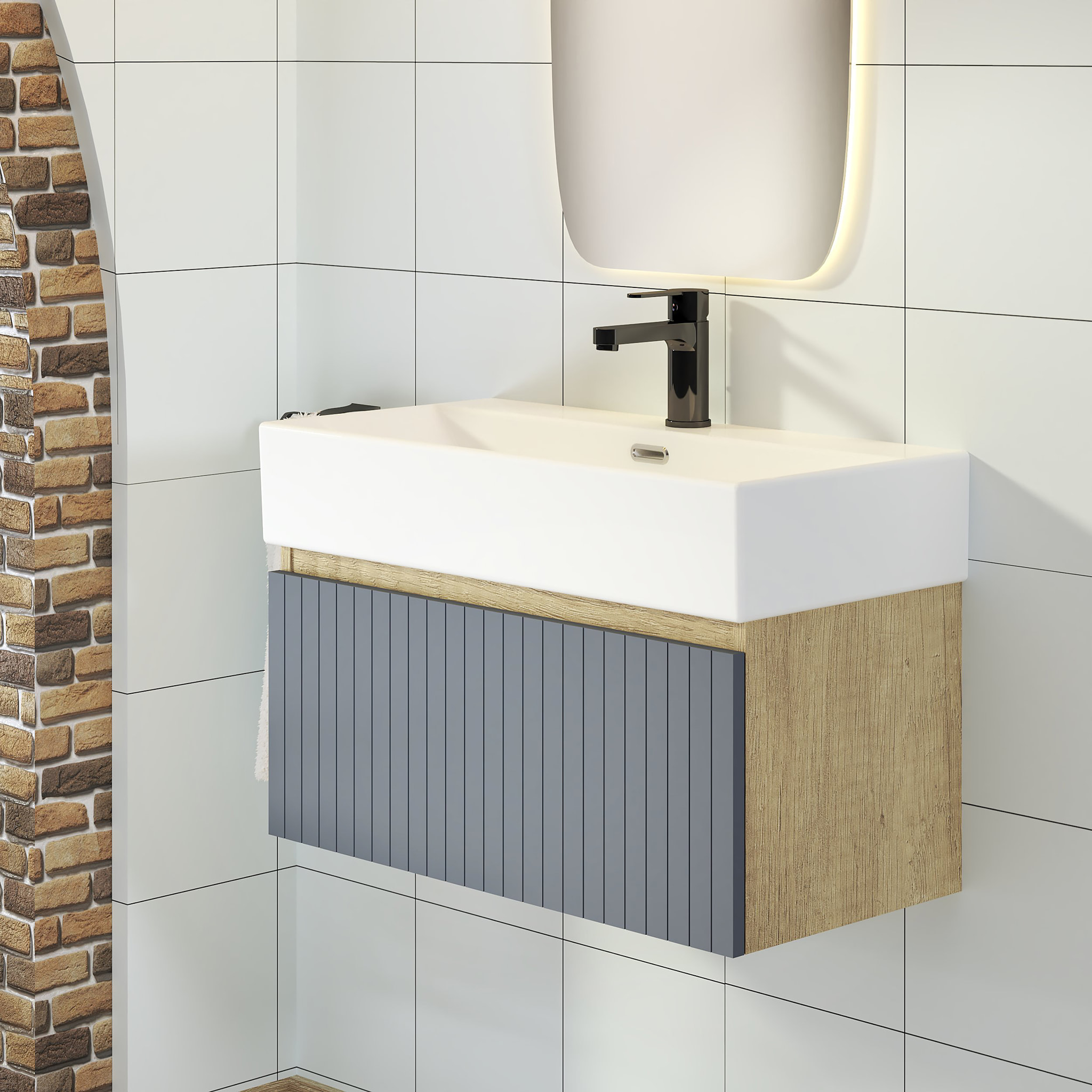 Ensemble de Salle de Bain Zel | Meuble Suspendu | 70 cm Bleu | Un Tiroir | Lavabo Encastré | Miroir non inclus | Meuble Monté | Alday