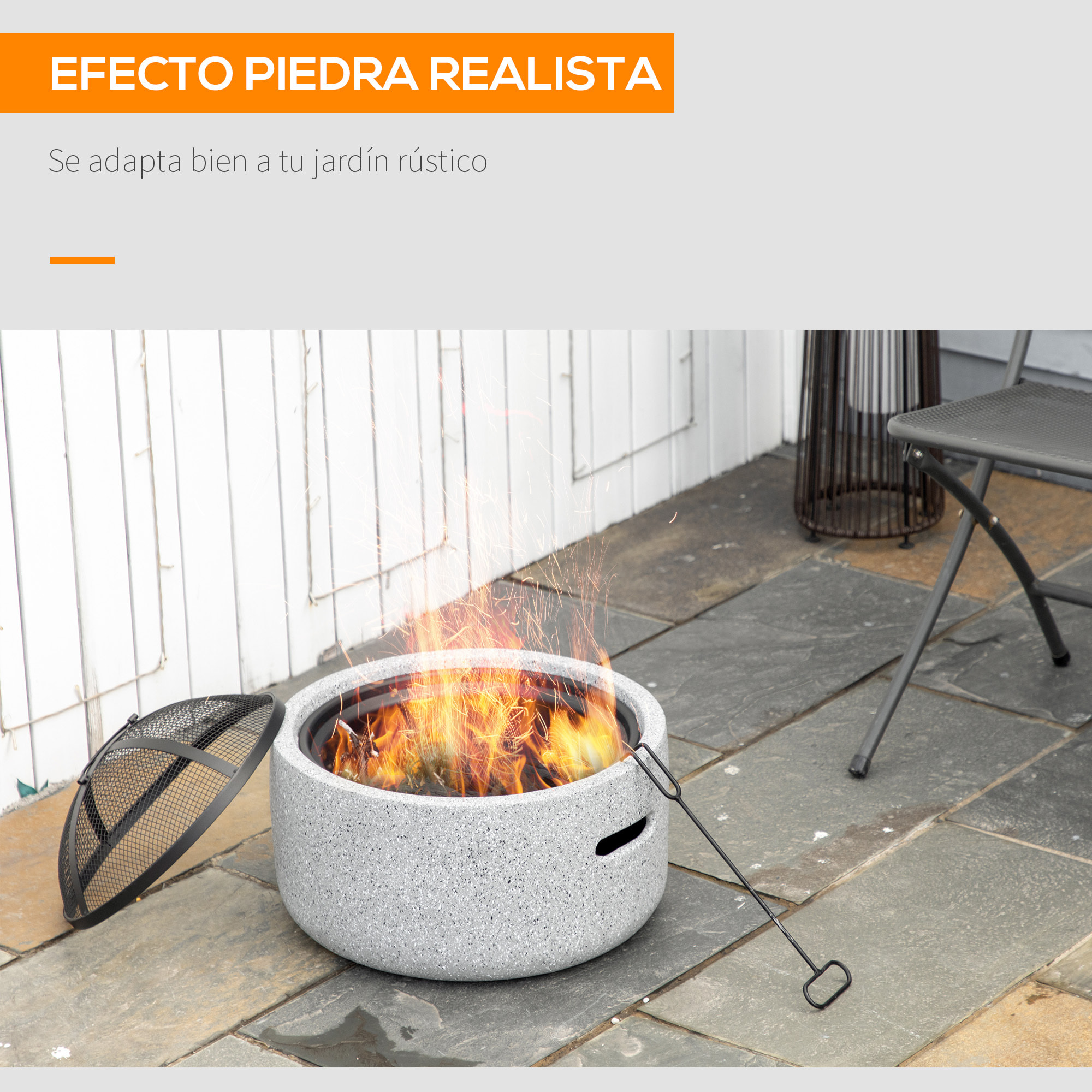 Brasero Exterior Redondo Brasero Exterior Jardín con Atizador Protector de Chispas Rejilla y Manija Ø45x34 cm para Terraza Camping Fiesta Gris