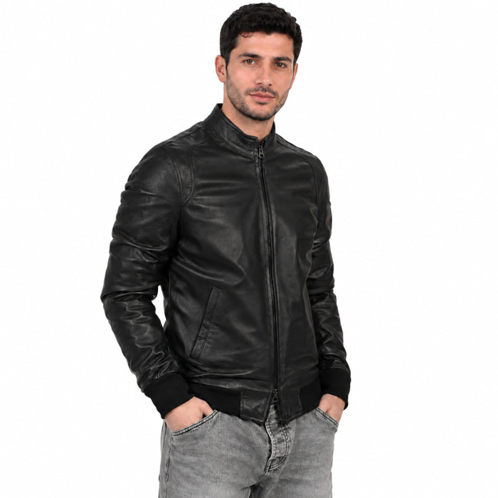 Giubbino in vera pelle di vitello Nero-Slim Fit