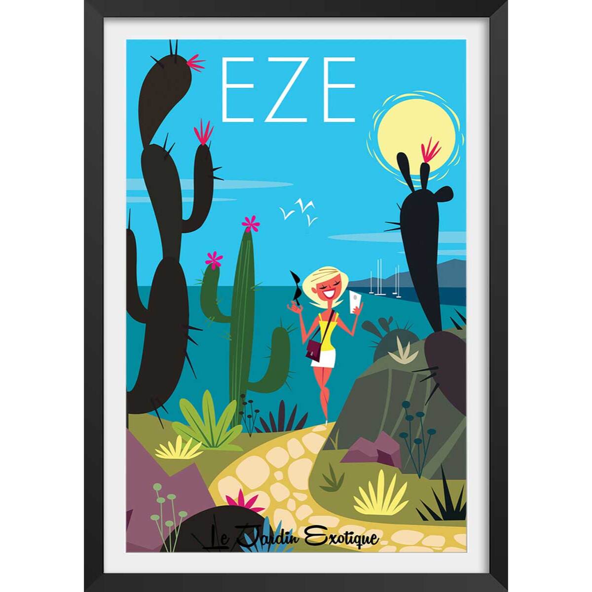Poster de jardin exotique d' eze Affiche + cadre en bois - Noir
