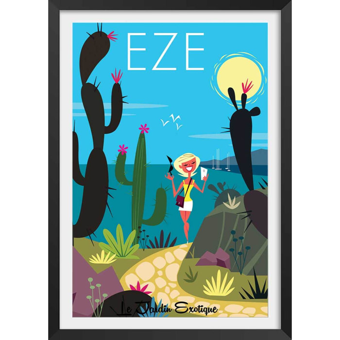 Poster de jardin exotique d' eze Affiche + cadre en bois - Noir