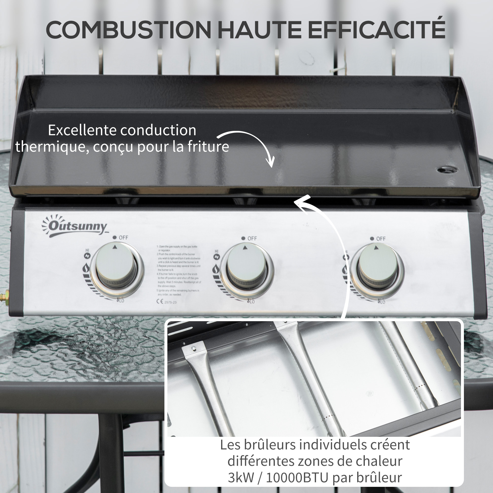 Plancha gaz de table portable réglable - 3 brûleurs 9 kW - barbecue gaz camping - plaque de cuisson, réceptacle graisse - acier noir métal