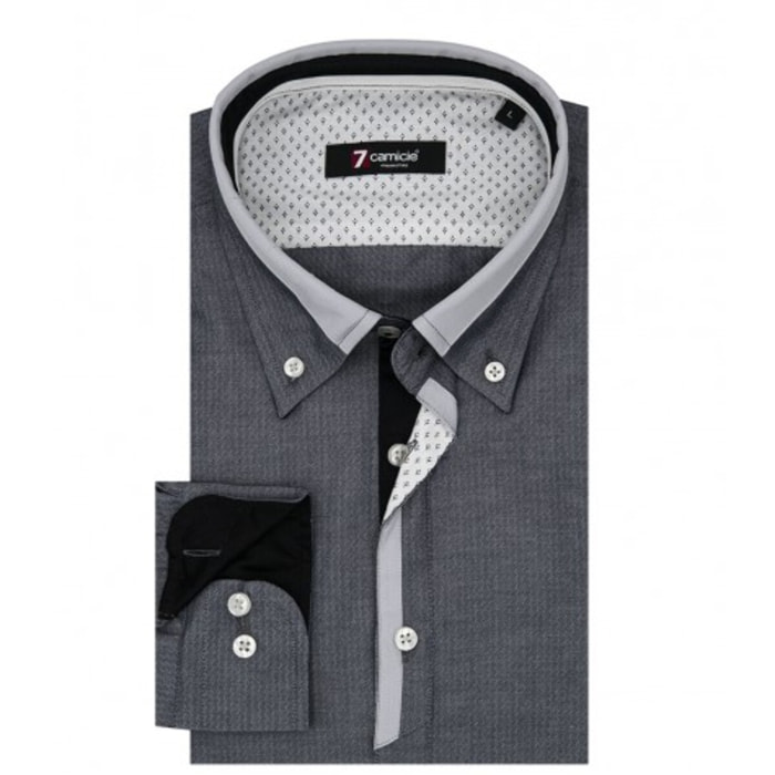 Camicia 1 Bottone Button Downuomo Slim Jacquard Fantasia Grigio Scuro
